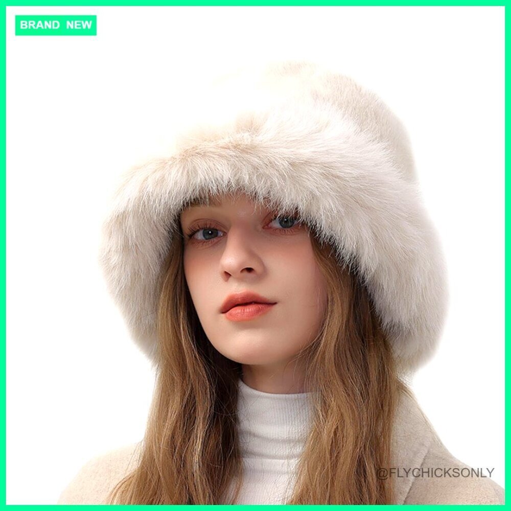 Winter Faux Fur Bucket Hat Adjustable Warm Wide Brim Ear Flaps